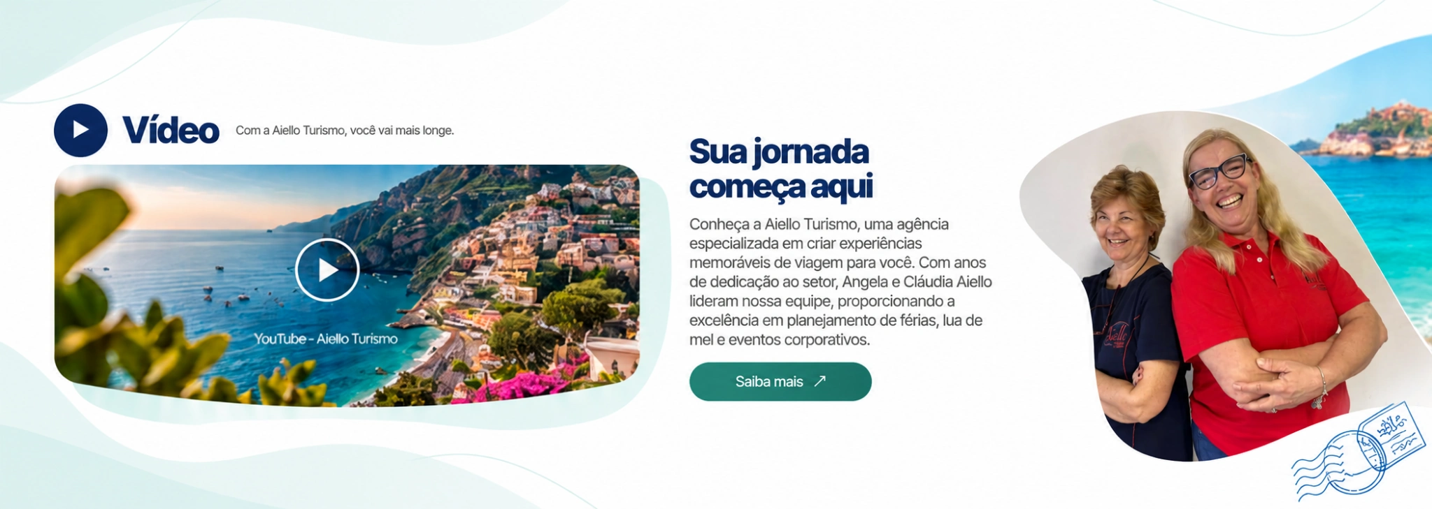 Vídeo: Com a Aiello Turismo, você vai mais longe. Sua jornada começa aqui. Conheça a Aiello Turismo, uma agência especializada em criar experiências memoráveis de viagem para você. Com anos de dedicação ao setor, Angela e Cláudia Aiello lideram nossa equipe, proporcionando a excelência em planejamento de férias, lua de mel e eventos corporativos. Composição com capa do vídeo, Angela e Cláudia Aiello e selo de viagem.